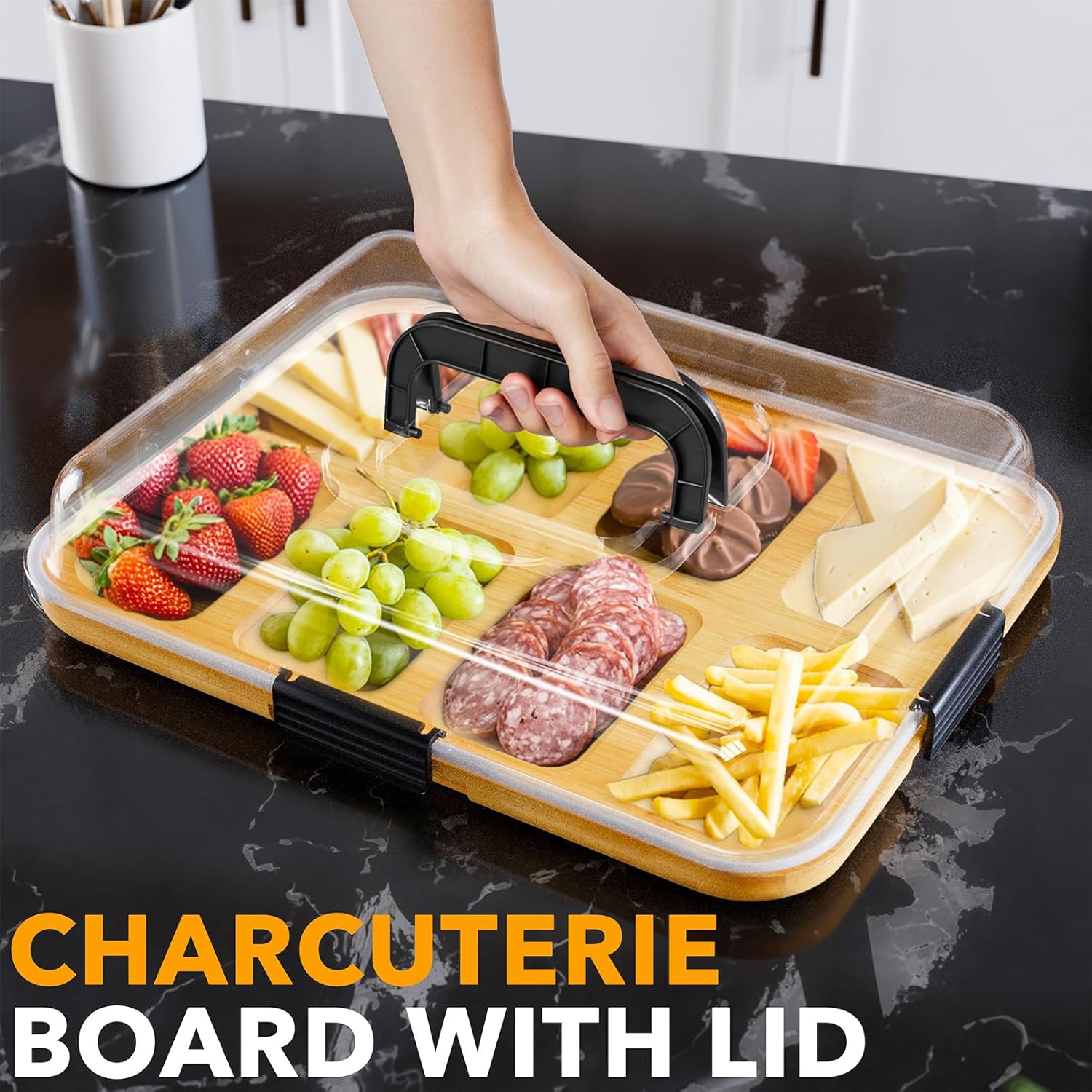 SpaceAid Charcuterie Board with Clear Lid, Portable Travel Cheese Cutting Boards for Picnic Accessories, Bamboo Serving Tray with Lids - Image 5